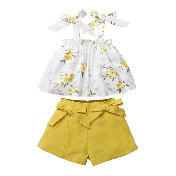 2T Baby Girls Clothes 3T Toddler Girls Summer 2PCS Outfits Sleeveless Floral Strap Top Shorts Set Yellow