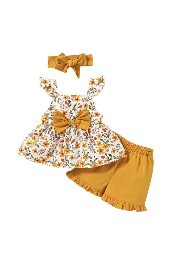 2T Baby Girls Clothes 3T Toddler Girls Summer Outfits Sleeveless Suspender Floral Top Yellow Shorts Headband 3PCS Set