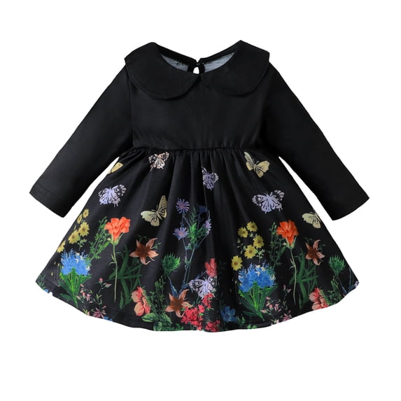2T Baby Girls Dress 3T Girls Long Sleeve Dress Flower Butterfly Print Toddler Girls Floral Dress Black
