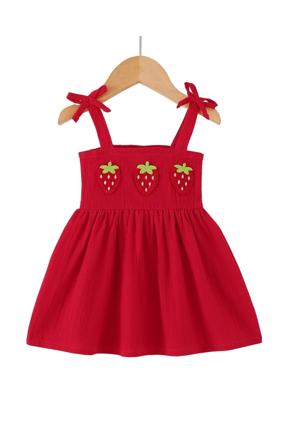 2T Baby Girls Dress 3T Girls Sleeveless Dress Strawberry Solid Color Toddler Girls Off-the-shoulder Summer Suspender Dress Red