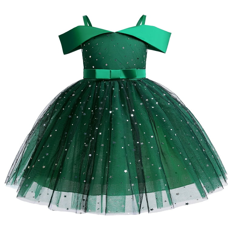 2T Baby Girls Dress Princess Dress Party Dress 3T Girls Birthday Dress Wedding Party Dress Formal Off the shoulder Solid Color Stars Sequins Green