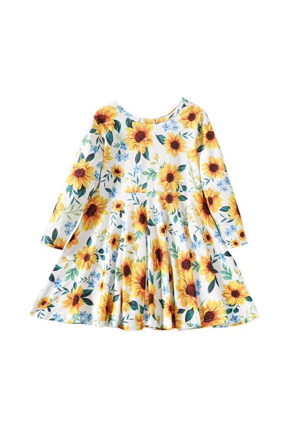 2T Baby Girls Dress Toddler Girls Long Sleeve Dress 3T Girls Sunflower Print Floral Dress Yellow