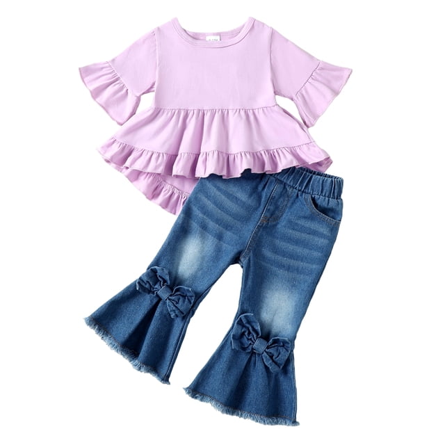 2T Baby Girls Outfits 3T Girls Pant Sets Toddler Girls Short Sleeve Solid Color Top Jeans Pants 2PCS Set Purple