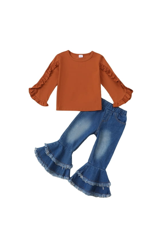 2T Baby Girls Outfits 3T Girls Solid Color Fall Winter Clothes Toddler Girls Long Sleeve Top Jeans Bell-bottomed Pants 2PCS Set Brown