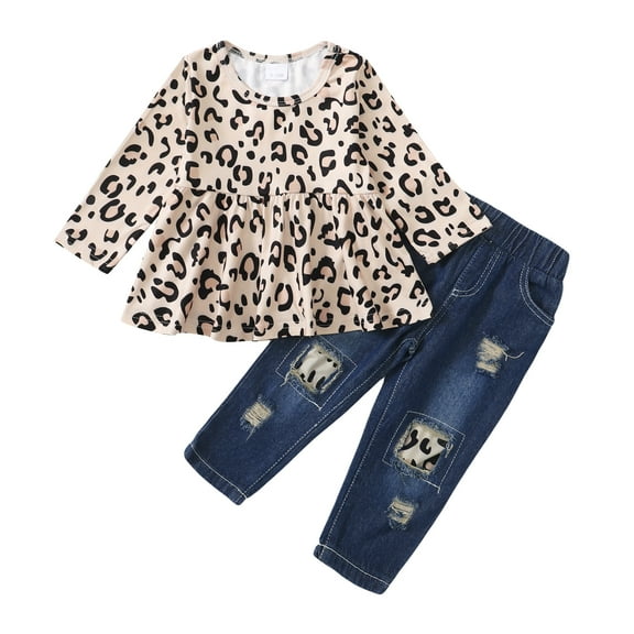 2T Little Girl Clothes 2-3Y Baby Girls Outfits Long Sleeve Leopard Tops With Denim Pant Set Blue