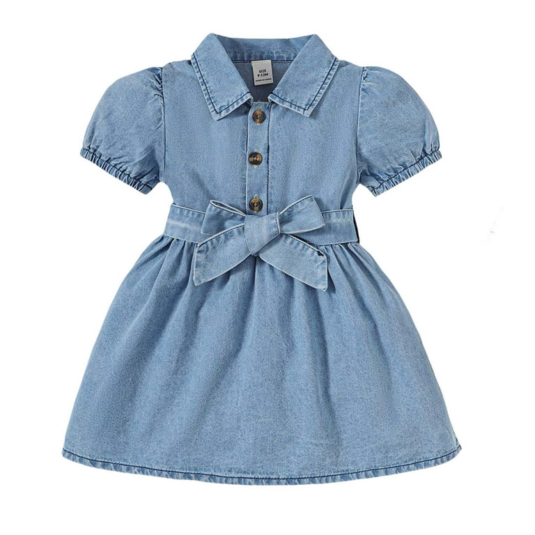 Saeaby Toddler Baby Girls Denim Dress, Short Sleeve, Lapel, Blue