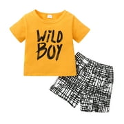 MIOGLRIE 2T Toddler Boys Clothes 3T Toddler Boys Summer 2PCS Outfits Letter Print Short Sleeve Shirt Top Shorts Set Yellow