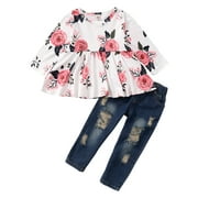 KUCNUZKI 2T Toddler Girl Fall-Winter Outfits Pants Sets 3T Toddler Girl Long Sleeve Floral Prints Tops Elastic Denim Pants 2PCS Set White