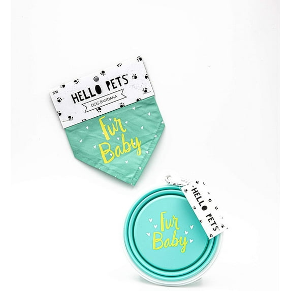 2TC Collection - Hello Pets Bundle - Fur Baby Bandanna and Fur Baby Collapsible Dog Bowl - Gifts for Pet Lovers - Premium 100% Cotton - Durable - Fur Baby Bandanna and Fur Baby Collapsible Dog Bowl