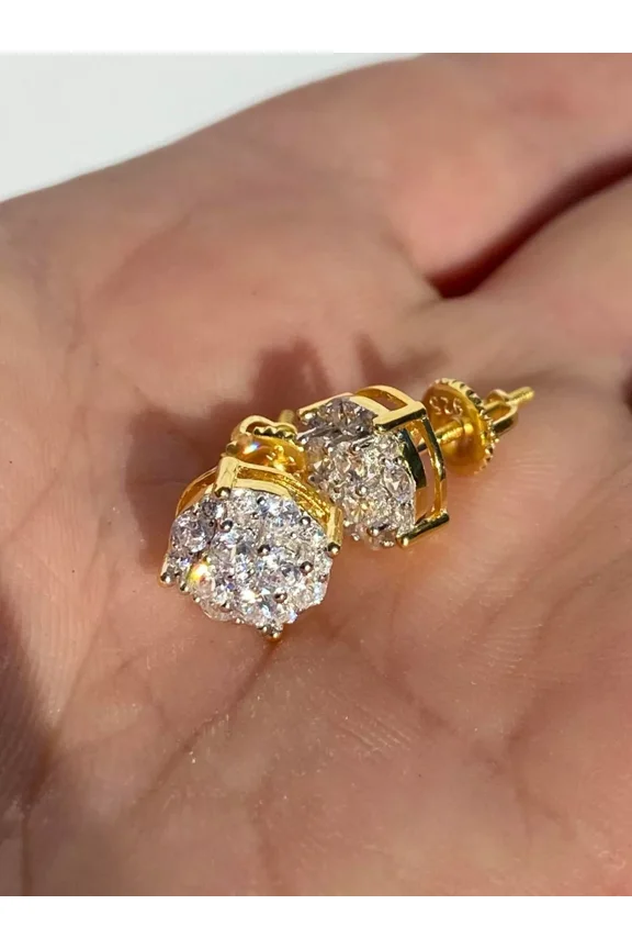 2TCW Round Cut Lab Created Diamond Cluster Men's Stud Earrings in 14k Yellow Gold Plated