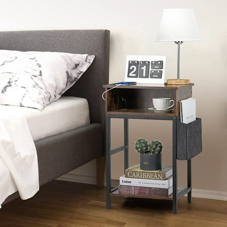 2Tier End Table with Charging Station Nightstand w/Storage Bag Narrow Side Table