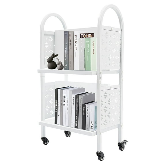 2Tiers Library Book Storage Cart Rolling Book Truck Book Cart W/ Handle+4 Wheels
