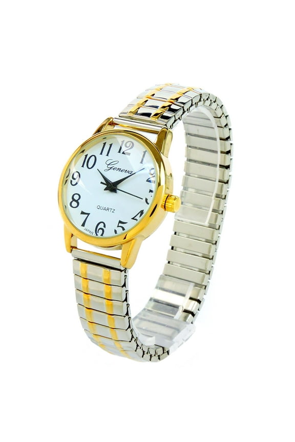 2Tone Medium Size Face Easy to Read Geneva Stretch Band Watch