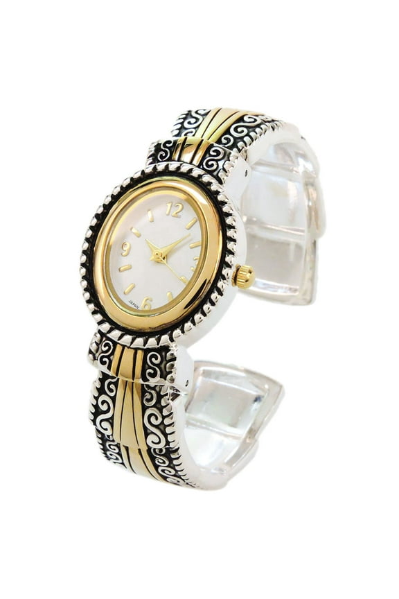 2Tone Metal Western Style Decorated Oval Face Women's Bangle Cuff Watch