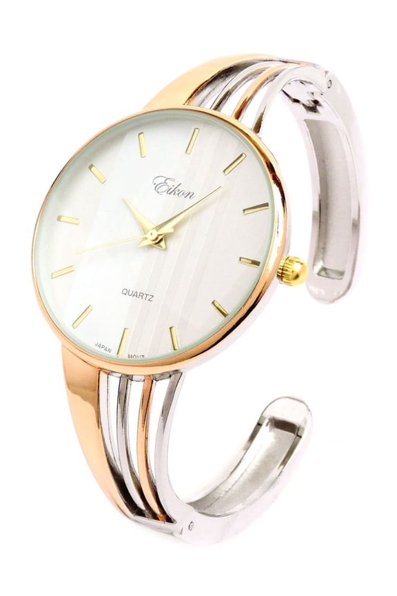 2Tone Rose Silver String Style Band Luxury Women's Bangle Cuff Watch