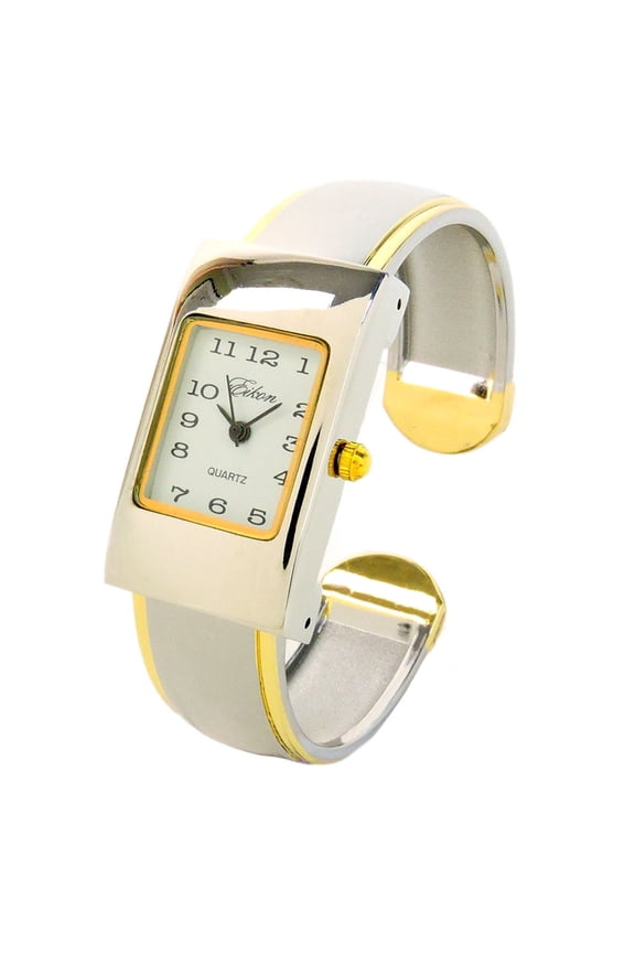 2Tone Small Size Rectangle Case Easy to Read Women's Bangle Cuff Watch