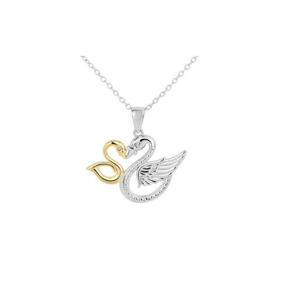 2Tone Sterling Silver Diamond Swans Necklace 18 Inch