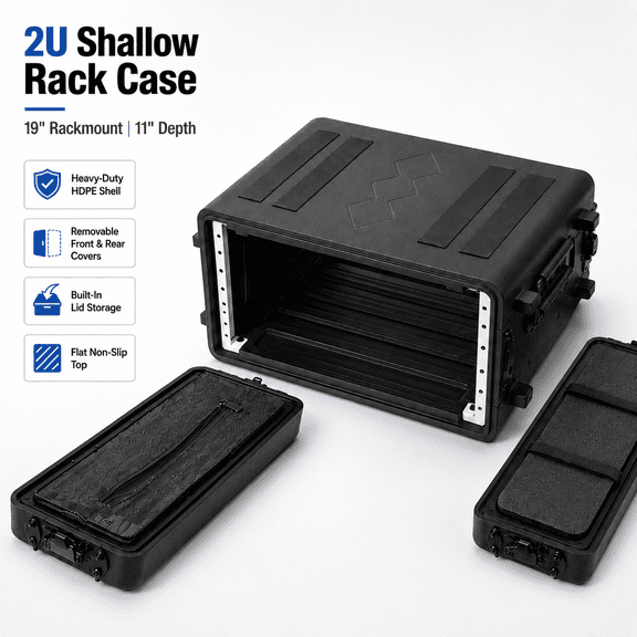 2U Rack Case Shallow 12" Depth, 19" Rackmount Flight Cases, Watertight Dust-Proof 2 Space Shock Mount Racks with Microphone Compartments