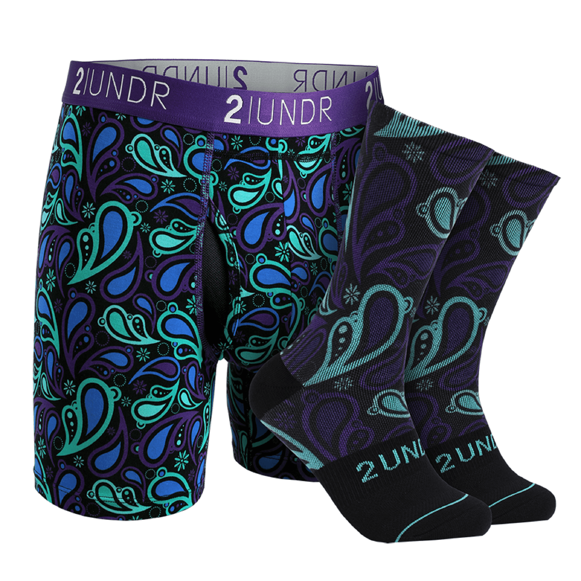 2UNDR Men's Swing Shift Boxer Brief- Groove Sock Pack (Blue Paisley,  Medium) 