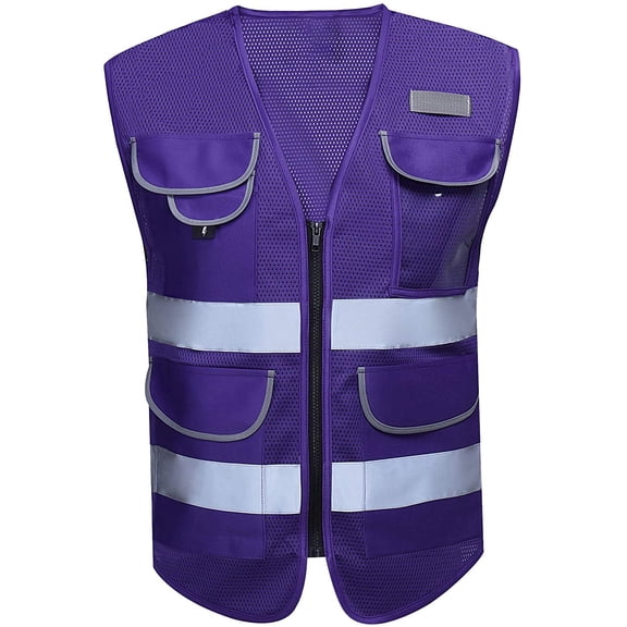 2W High Visibility Safety Vest with Reflective Strips, Breathable Mesh, Purple, Size Medium