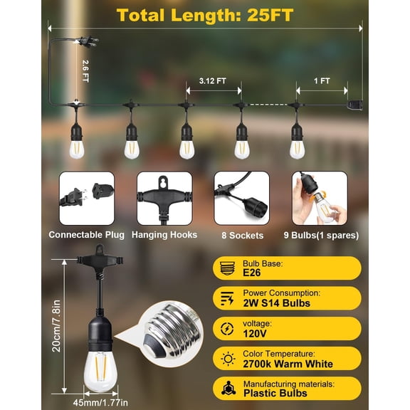 2W Outdoor String Lights 25FT