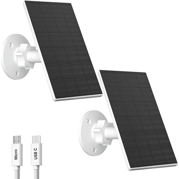 2W Solar Panel for Security Cameras, Solar Charger with Micro USB & USB-C Port for Rechargeable Battery Security Camera, 360° Adjustable Mount (2 Pack)