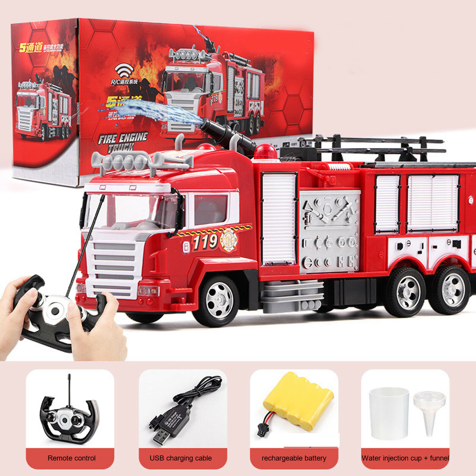 2WD RC Fire Truck Remote Control Car Kids Toy W/ Rechargeable Battery