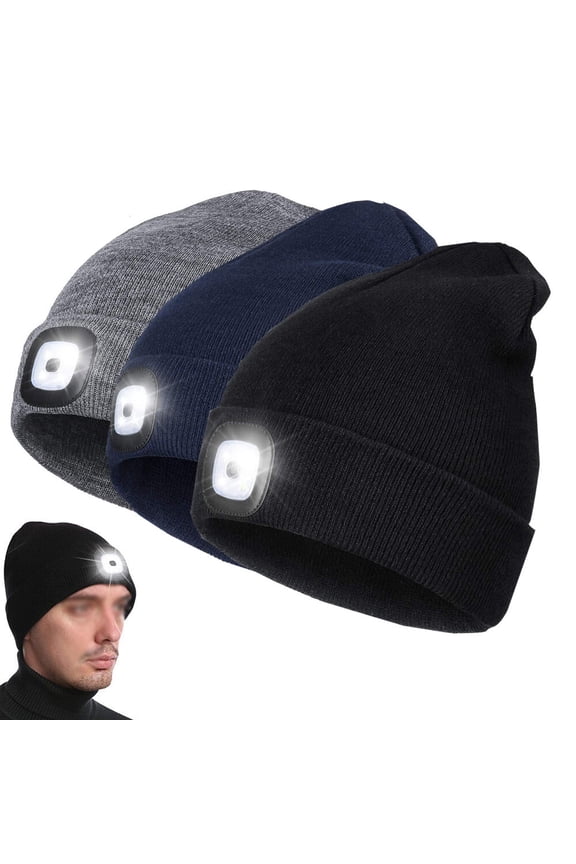2 Packs Unisex Beanie with Light Built In,USB Rechargeable Hands Free Headlamp Knitted Hat,Winter Warm Fleece Lined LED Beanie,Black+Navy Blue