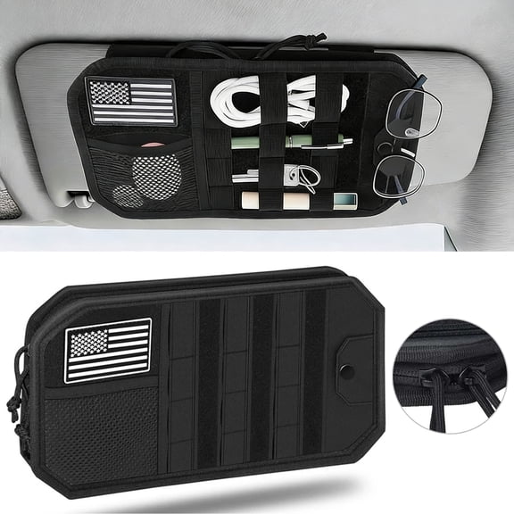 2WIN2BUY Car Sun Visor Organizer, Tactical Sunvisor Organizers with Zipper Storage Pouch, Molle Panel for Trucks, SUVs, Jeeps & Patrol Vehicles