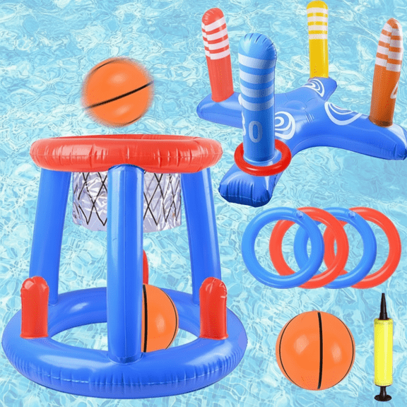 2WIN2BUY Inflatable Pool Toys Gamesm, Floating Basketball Hoop Ring Toss Game Set for Summer