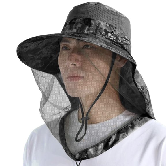 2WIN2BUY Mosquito Head Net Hat with Neck Flap, Wide Brim Net Mesh Cap for Fishing Hiking, Black