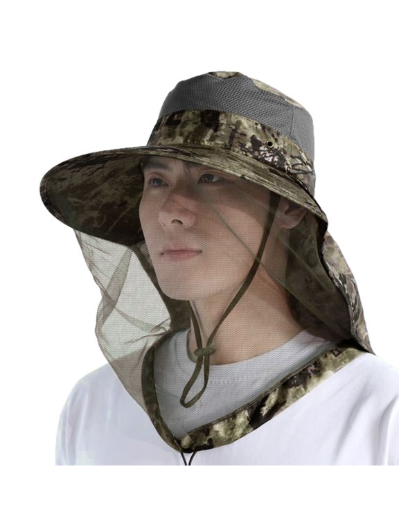 Mosquito Head Net Hat with Neck Flap, Wide Brim Net Mesh Cap for Fishing Hiking, Gray