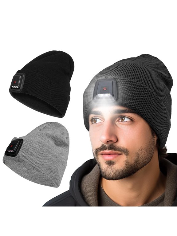Unisex Beanie Hat with Light Built in,LED USB Rechargeable Headlamp Beanie,Gifts for Dad Men Husband Winter Warm Knitted Cap,Black