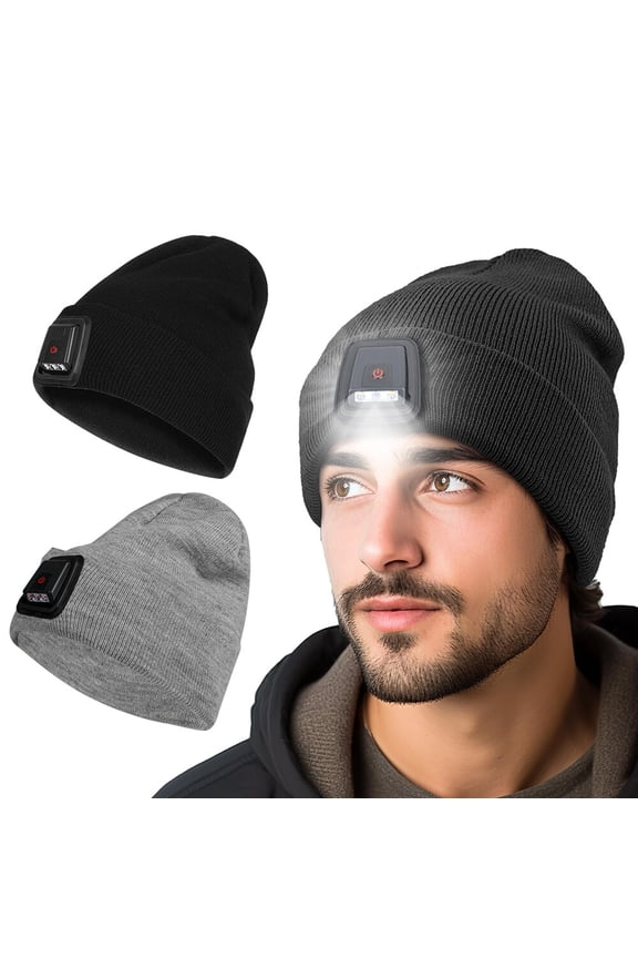 Unisex Beanie Hat with Light Built in,LED USB Rechargeable Headlamp Beanie,Gifts for Dad Men Husband Winter Warm Knitted Cap,Black