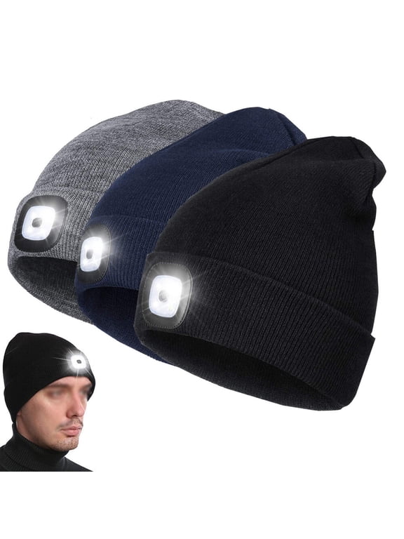 Unisex Beanie with Light Built In,USB Rechargeable Hands Free Headlamp Knitted Hat,Winter Warm Fleece Lined LED Beanie,Black