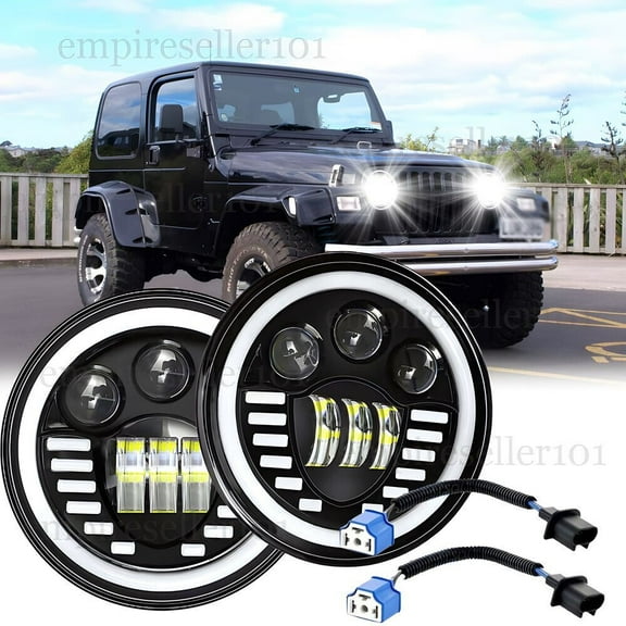 2X 105W 7" LED Round Headlights Halo DRL Turn Signal for Jeep Wrangler 1997-2017