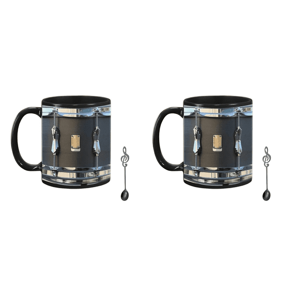 2X 11OZ Black Vintage Drum Mug Funny Tea Coffee Juice Water Cup Home Office Drinkware Ceramic Mug Drumming Gifts for Men,2 x Black Vintage Drum Mug 2 x spoon,Black