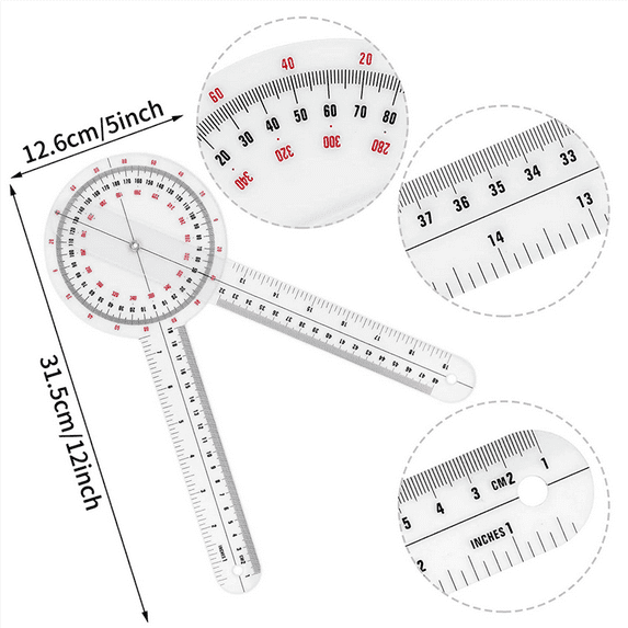 2X 12 Inch Goniometer, Transparent Orthopedic Angle Ruler Goniometer 360 Degree Spinal Goniometer for Body Measuring