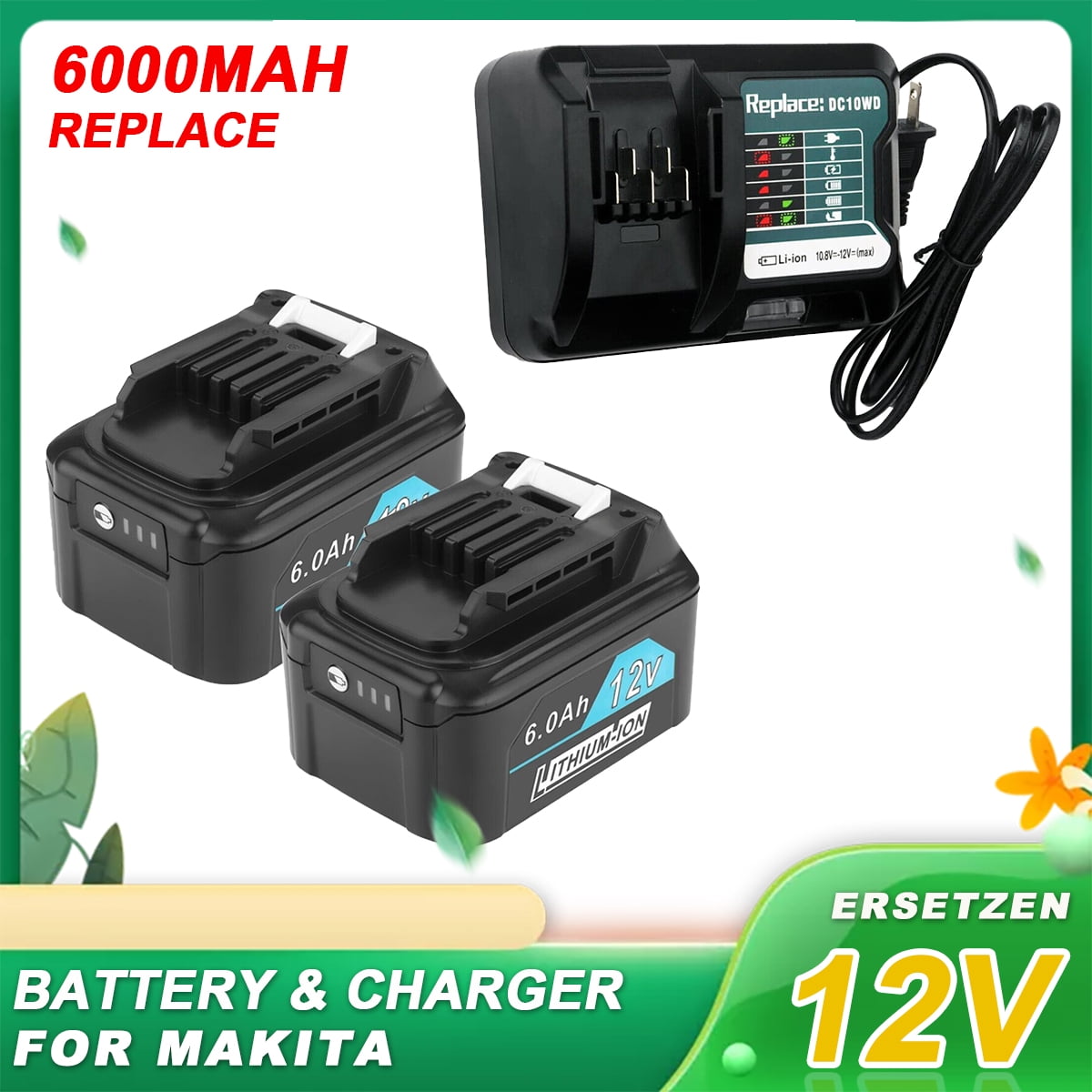 2X 12V 6000mAh BL1041B Li ion Battery DC10WD Charger Replace for Makita 12v Max CXT BL1040 BL1015 BL1016 BL1021B BL1020 Battery Compatible with Makita Power Tool Walmart