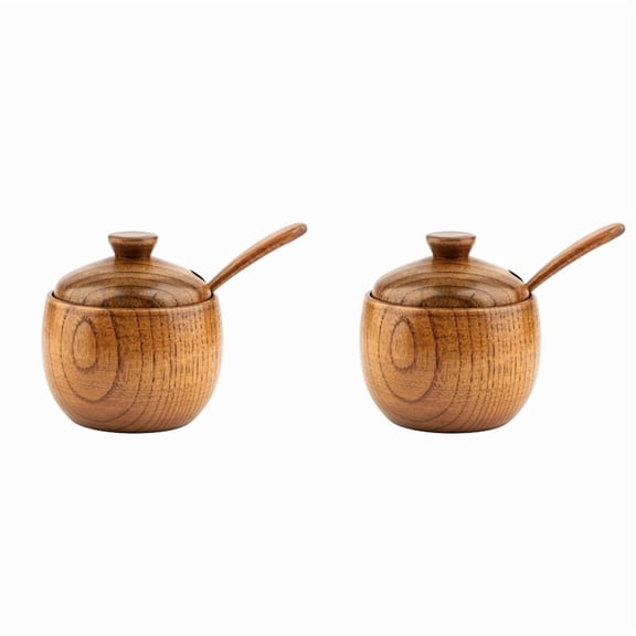 2X 180Ml/6Oz Wooden Seasoning Jar with Lid and Spoon,Kitchen Retro Salt Shaker Sugar Seasoning Storage Box