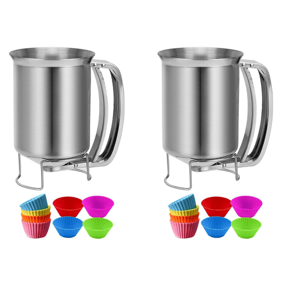 2X 2 in 1 Stainless Steel 800Ml Batter Dispenser with Squeeze Handle, Pancake Pourer Batter Pitcher Mixing Baking Tool,2 x batter dispenser 16 x muffin cups,Silver