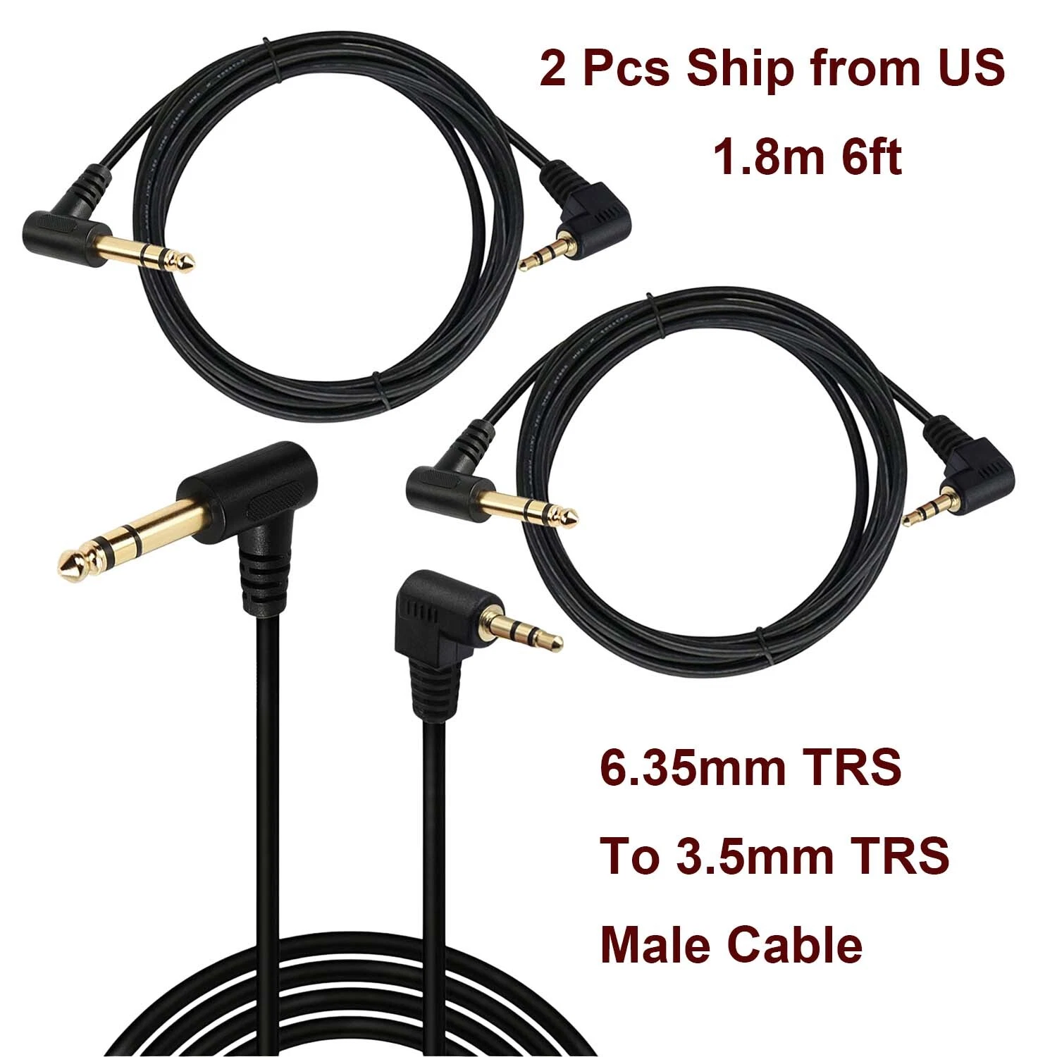 2X 3.5Mm 1/8" Male To 6.35Mm 1/4" Male Stereo Trs Audio Aux Cable Guitar Speaker