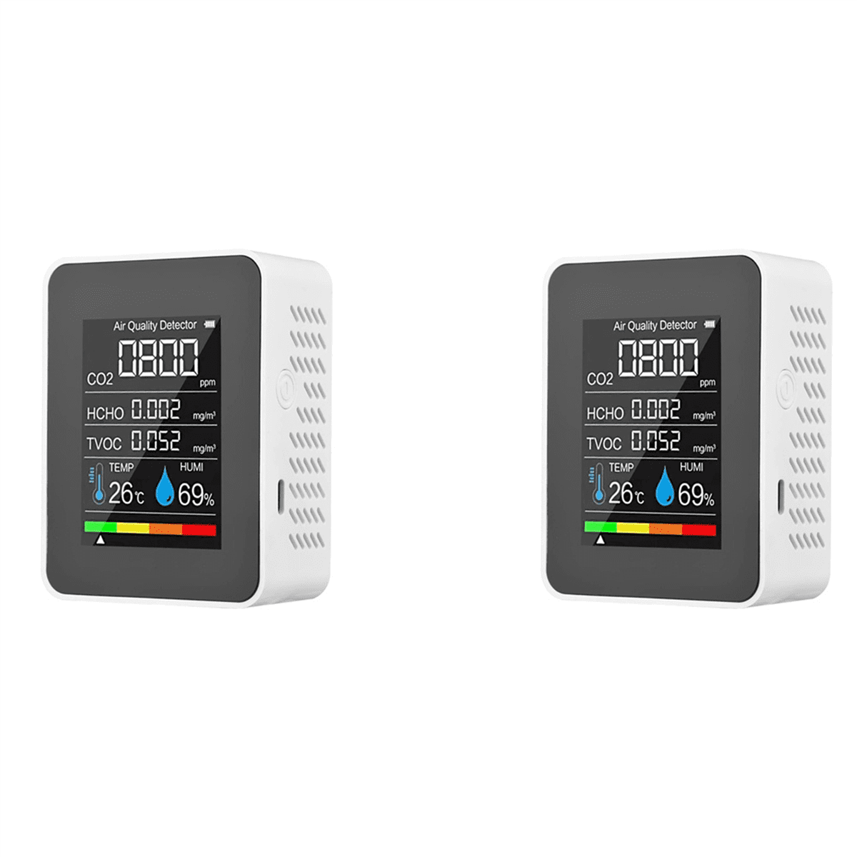 2X 5 in 1 Air Quality Monitor TVOC HCHO Temperature Humidity CO2 Meter, USB Rechargeable CO2 Detector White,2 x Air Quality Analyzer 2 x USB Cable 2 x English manual,White