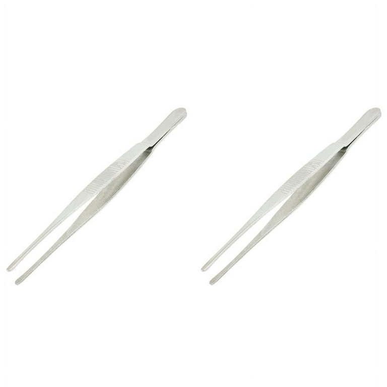 2X 5.5 Inch Long Silver Tone Stainless Steel Round Tip Tweezers