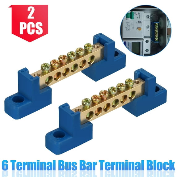 2X 6 Terminal Bus Bar Block Power Distribution Brass Wire Screw Grounding Strip