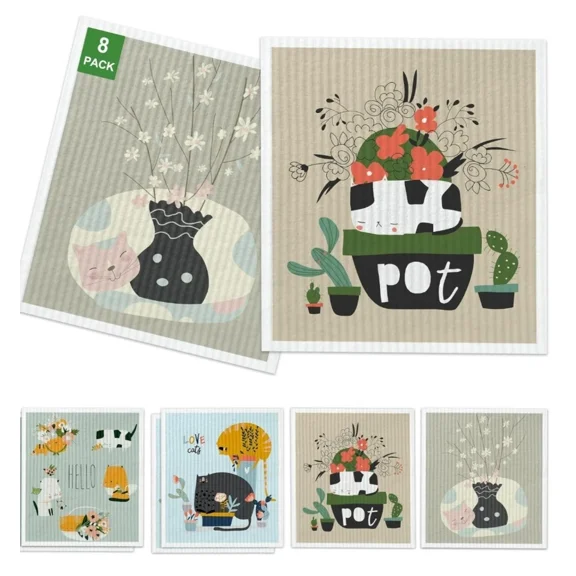 2X 8 Pk Cats Swedish Kitchen Dish Towels Kitchen Cloths Reusable Biodegradable