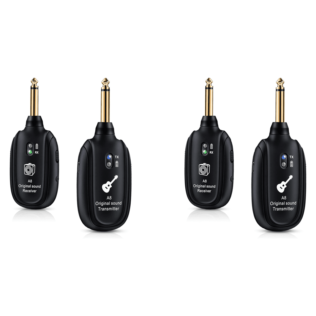 2X A8 Wireless Guitar System Rechargeable UHF Audio Wireless Transmitter Receiver for Guitar Bass Violin Keyboard,2 x Guitar Transmitter 2 x Guitar Receiver 2 x USB Cable 2 x English manual,Black