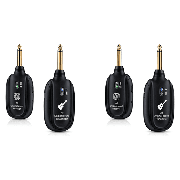 2X A8 Wireless Guitar System Rechargeable UHF Audio Wireless Transmitter Receiver for Guitar Bass Violin Keyboard,2 x Guitar Transmitter 2 x Guitar Receiver 2 x USB Cable 2 x English manual,Black