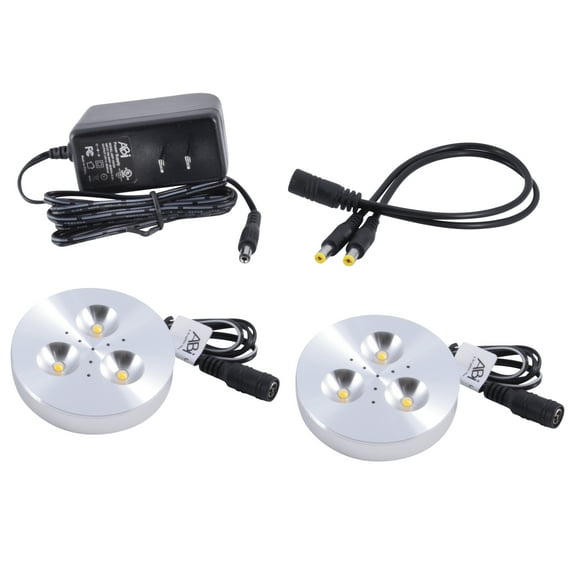 2X ABI 3W LED Puck Light Complete Kit for Under Cabinet, Bookshelf, and Showcase Lighting, 240lm, Cool White 6000K, 25W Halogen Equivalent