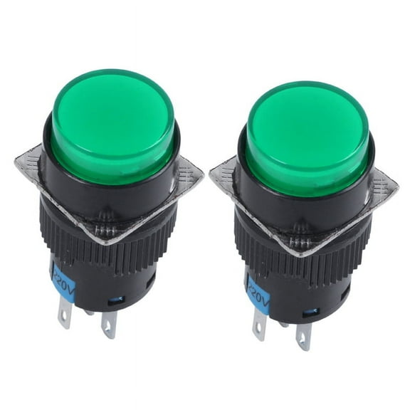 2X AC 250V 5A SPDT 1NO 1NC 5 Pins Latching Green Push Button Switch W 220V LED Lamp,2 x Push Button Switch,green